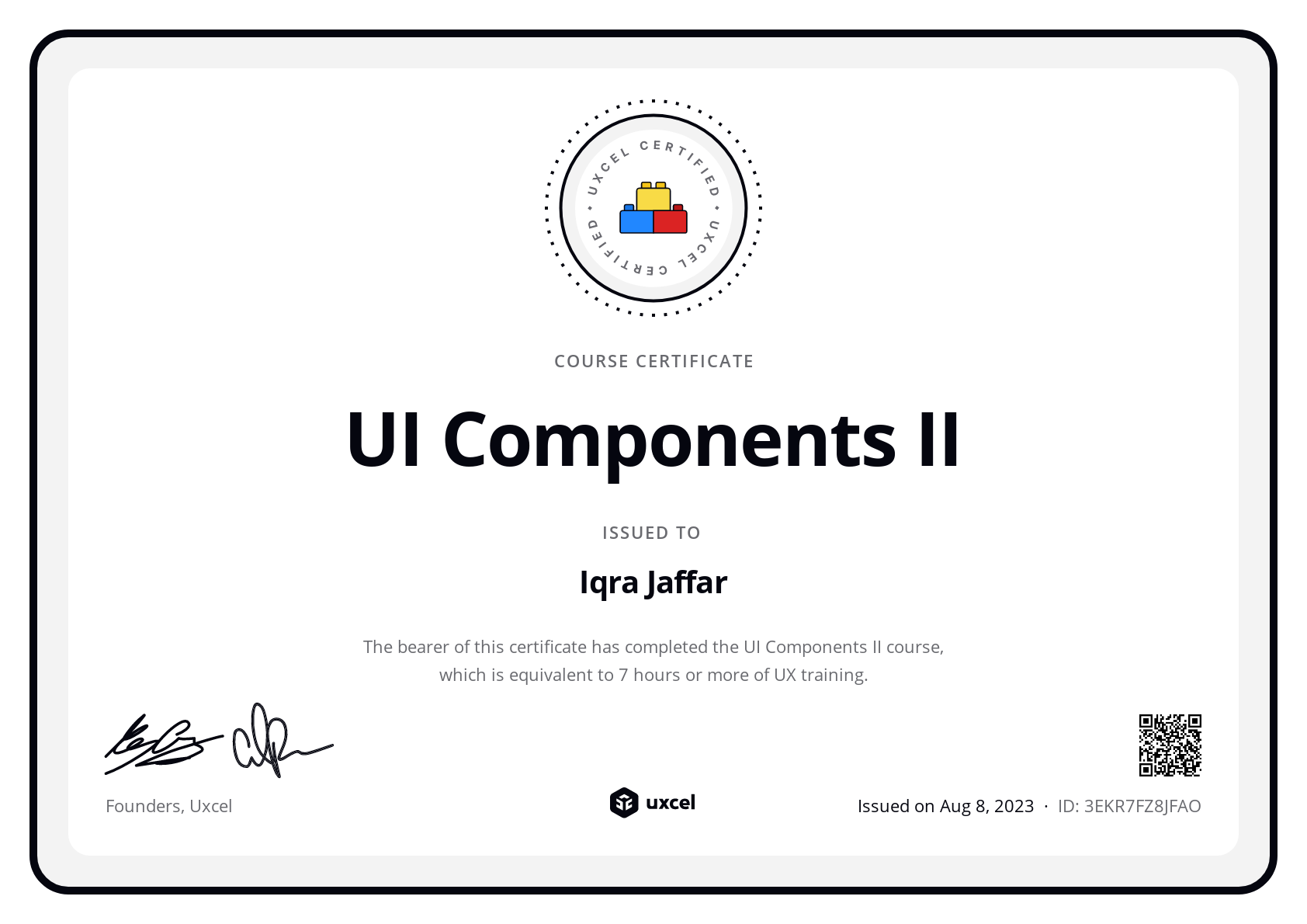 Iqra Jaffar's certificate